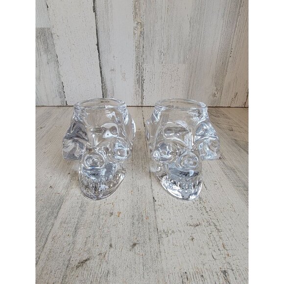 Heavy weighted glass Skull tea light holder Halloween set - Picture 1 of 12